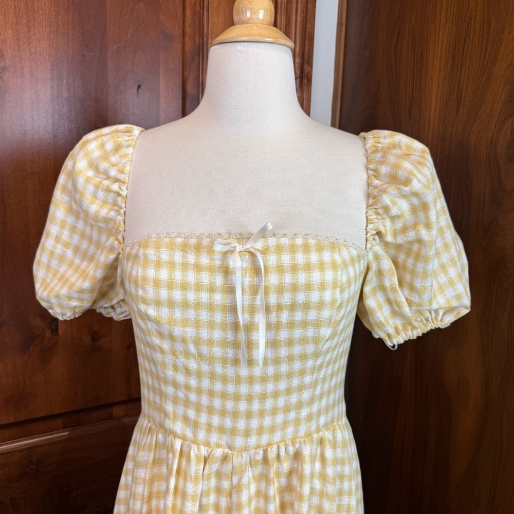 💋Reformation Marella puff sleeve linen Yellow Checkered gingham Dress. Size 6 - Picture 6 of 12
